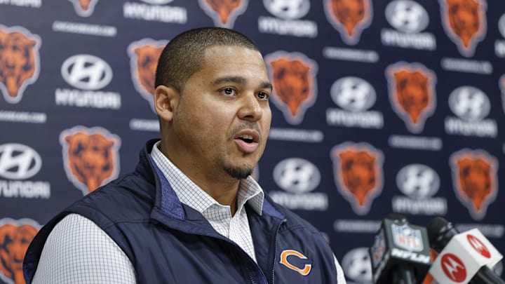 Mar 16, 2023; Lake Forest, IL, USA; Chicago Bears general manager Ryan Poles speaks during a press conference at Halas Hall. Mandatory Credit: Kamil Krzaczynski-Imagn Images