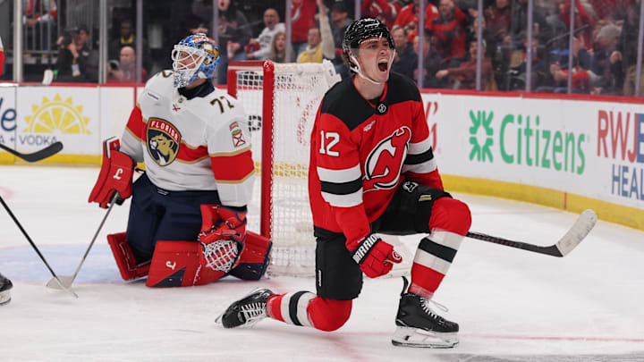 New Jersey Devils center Cody Glass (12) celebrates his goal: Ed Mulholland-Imagn Images