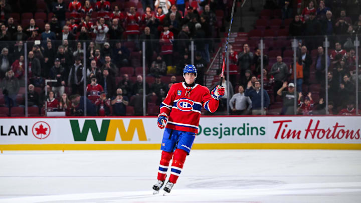 Dec 5, 2024; Montreal, Quebec, CAN; Montreal Canadiens right wing Patrik Laine (92) third star of the game salutes the crowd after the game against the Nashville Predators at Bell Centre. Mandatory Credit: David Kirouac-Imagn Images