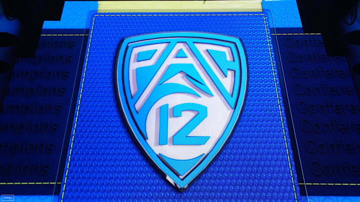 The Pac-12 Conference logo during Pac-12 Media Day at Resorts World Las Vegas.