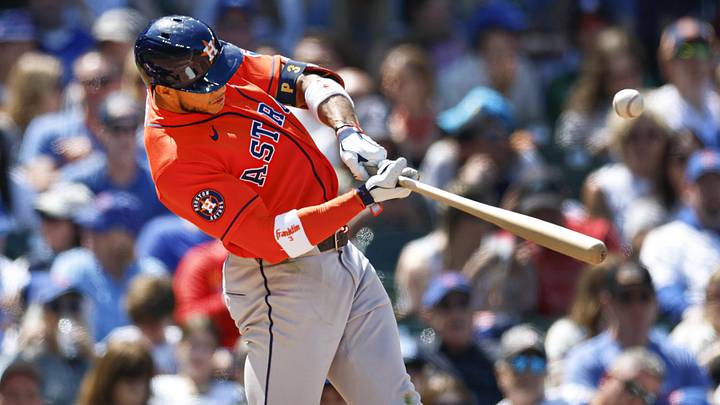 Houston Astros shortstop Jeremy Pena (3) hits a two-run single against the Chicago Cubs. Houston Astros shortstop Jeremy Pena (3) hits a two-run single against the Chicago Cubs.