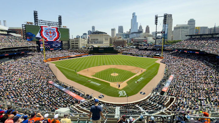 Jun 7, 2025; Detroit, Michigan, USA; A general view is seen of the stadium during the game between the Chicago Cubs and the Detroit Tigers at Comerica Park. Mandatory Credit: Rick Osentoski-Imagn Images