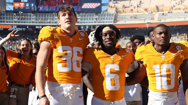 Nov 4, 2023; Knoxville, Tennessee, USA; Tennessee Volunteers wide receiver Nathan Roberts (36) and Nov 4, 2023; Knoxville, Tennessee, USA; Tennessee Volunteers wide receiver Nathan Roberts (36) and