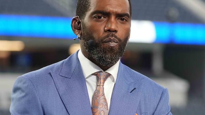 Jan 17, 2022; Inglewood, California, USA; Randy Moss on the ESPN Monday Night Countdown set before a NFC Wild Card playoff football game between the Los Angeles Rams and the Arizona Cardinals at SoFi Stadium. 