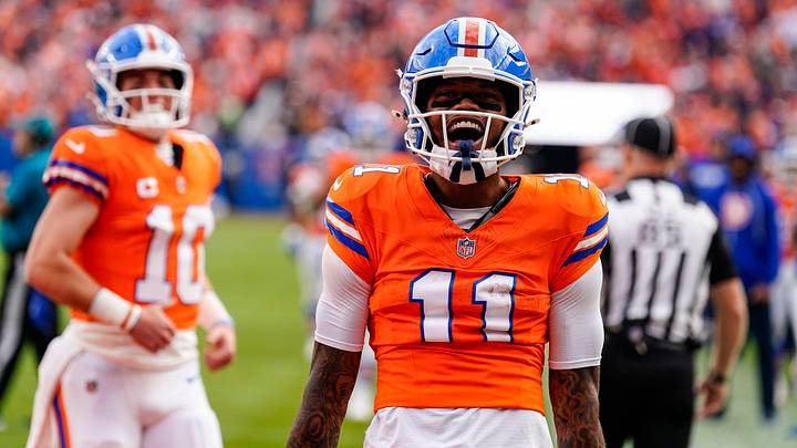 October 26, 2025: Denver Broncos wide receiver Troy Franklin (11) celebrates his second touchdown reception in the football game between the Denver Broncos and Dallas Cowboys. 