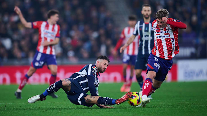 Liga BBVA MX Clausura 2025 Monterrey vs Atletico de San Luis Sergio Ramos fights for the ball with Mateo Klimowicz