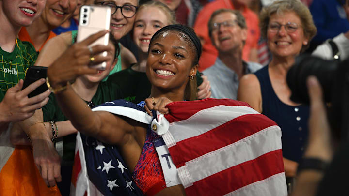 USA track star Gabby Thomas celebrates after the women s 4X400m relay final of Athletics at the Paris 2024 Olympic Games.