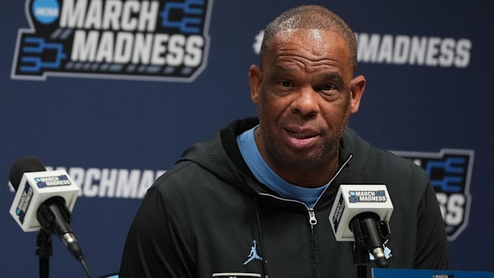 Mar 18, 2026; Greenville, SC, USA; North Carolina Tar Heels head coach Hubert Davis during a press conference ahead of the first round of the men's 2026 NCAA Tournament at Bon Secours Wellness Arena. Mandatory Credit: Bob Donnan-Imagn Images