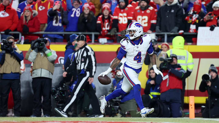 Jan 26, 2025; Kansas City, MO, USA; Buffalo Bills running back James Cook (4) reacts after rushing for a touchdown against the Kansas City Chiefs during the first half in the AFC Championship game at GEHA Field at Arrowhead Stadium. Jan 26, 2025; Kansas City, MO, USA; Buffalo Bills running back James Cook (4) reacts after rushing for a touchdown against the Kansas City Chiefs during the first half in the AFC Championship game at GEHA Field at Arrowhead Stadium.