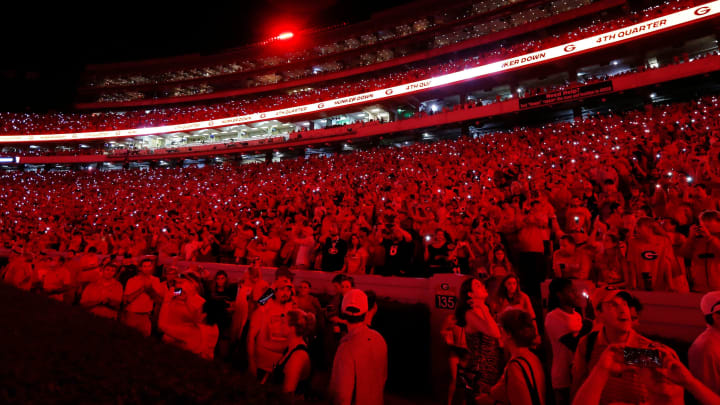 Sanford Stadium is lit up red at the start of the fourth quarter during an NCAA college football game between South Carolina and Georgia in Athens, Ga., on Sept. 18, 2021. Georgia won 40-13.
News Joshua L Jones Sanford Stadium is lit up red at the start of the fourth quarter during an NCAA college football game between South Carolina and Georgia in Athens, Ga., on Sept. 18, 2021. Georgia won 40-13.
News Joshua L Jones