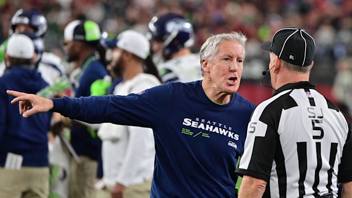 Jan 7, 2024; Glendale, Arizona, USA; Seattle Seahawks head coach Pete Carroll reacts in the second half against the Arizona Cardinals at State Farm Stadium. 