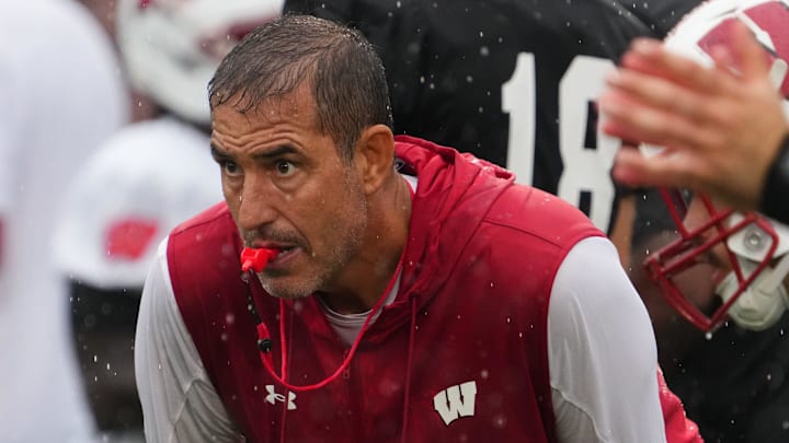 Wisconsin football head coach Luke Fickell observes practice Wednesday, July 30, 2025, at Ralph E. Davis Pioneer Stadium in Platteville, Wisconsin.