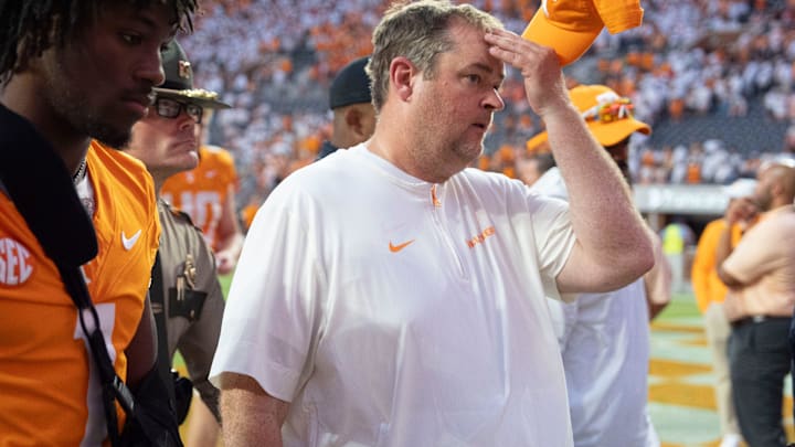 Tennessee head coach Josh Heupel walks off the field after the loss to Georgia in an NCAA college football game on September 13, 2025, Knoxville, Tennessee.