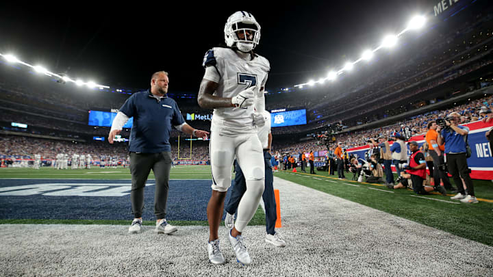 Dallas Cowboys cornerback Trevon Diggs leaves the field after an injury during the fourth quarter against the New York Giants.