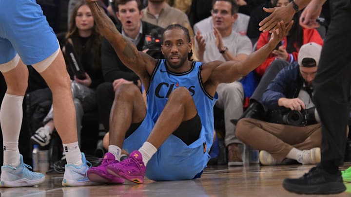 Feb 6, 2025; Inglewood, California, USA;  Los Angeles Clippers forward Kawhi Leonard (2) gets a hand after a foul in the second half against the Indiana Pacers at Intuit Dome. Mandatory Credit: Jayne Kamin-Oncea-Imagn Images
