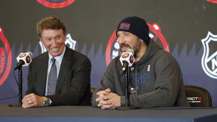 Washington Capitals left wing Alex Ovechkin (right) speaks at a press conference with Wayne Gretzky.