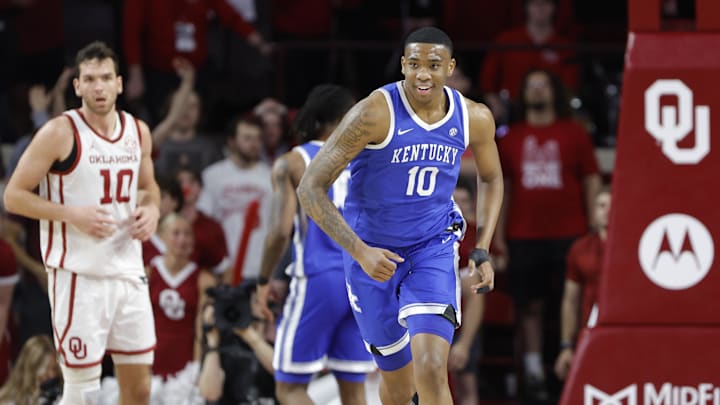 Feb 26, 2025; Norman, Oklahoma, USA; Kentucky Wildcats forward Brandon Garrison (10) smiles after scoring against the Oklahoma Sooners during the second half at Lloyd Noble Center. Mandatory Credit: Alonzo Adams-Imagn Images