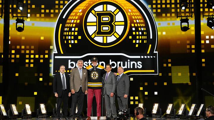 Jun 28, 2024; Las Vegas, Nevada, USA; Dean Letourneau is selected by the Boston Bruins with the 25th overall pick in the first round of the 2024 NHL Draft at The Sphere. Mandatory Credit: Stephen R. Sylvanie-Imagn Images