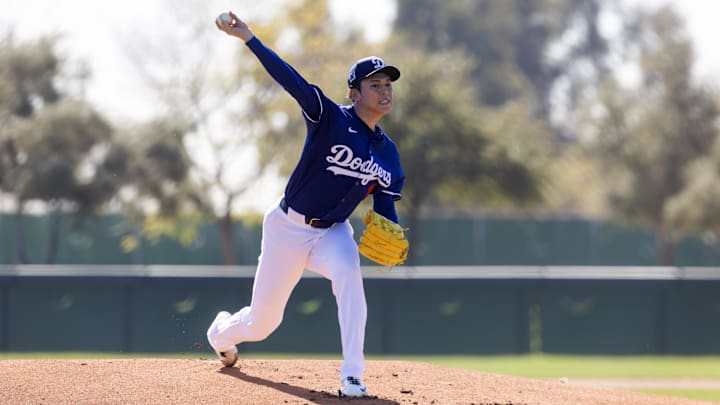 Los Angeles Dodgers pitcher Roki Sasaki during workouts at spring training.