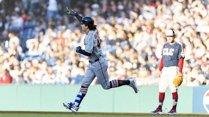 Jun 12, 2026; Cleveland, Ohio, USA; Detroit Tigers center fielder James Outman (43) celebrates his home run as he rounds the bases during the third inning against the Cleveland Guardians at Progressive Field. Jun 12, 2026; Cleveland, Ohio, USA; Detroit Tigers center fielder James Outman (43) celebrates his home run as he rounds the bases during the third inning against the Cleveland Guardians at Progressive Field.