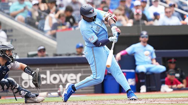 Blue Jays left fielder Daz Cameron (23) hits an RBI double Credit: Nick Turchiaro Blue Jays left fielder Daz Cameron (23) hits an RBI double Credit: Nick Turchiaro