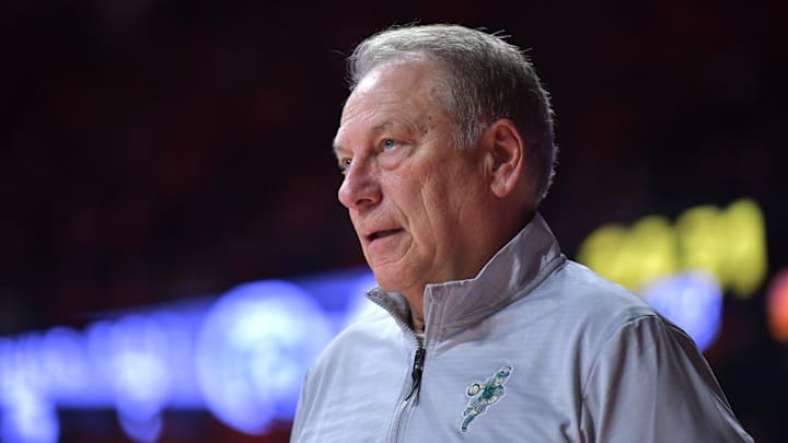 Feb 15, 2025; Champaign, Illinois, USA;  Michigan State Spartans head coach Tom Izzo during the second half against the Illinois Fighting Illini at State Farm Center. Mandatory Credit: Ron Johnson-Imagn Images