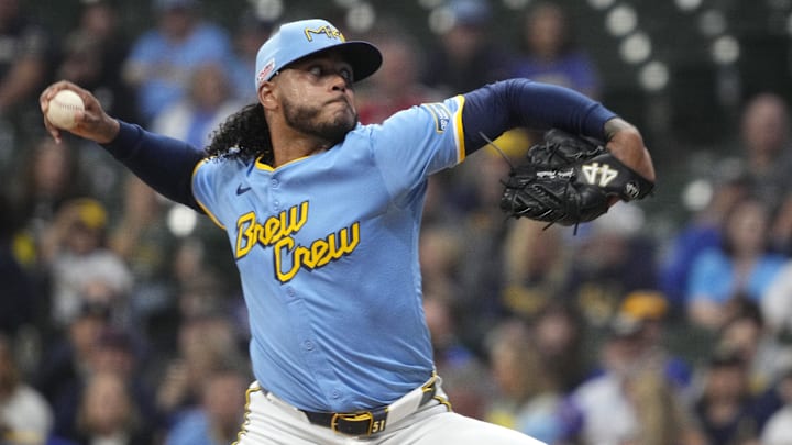 Jun 13, 2025; Milwaukee, Wisconsin, USA; Milwaukee Brewers pitcher Freddy Peralta (51) delivers a pitch against the St. Louis Cardinals in the first inning at American Family Field. 