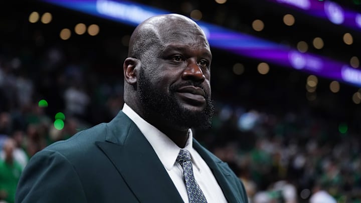 Jun 6, 2024; Boston, Massachusetts, USA; Shaquille O'Neal looks on before the game between the Boston Celtics and the Dallas Mavericks in game one of the 2024 NBA Finals at TD Garden. Mandatory Credit: David Butler II-Imagn Images
