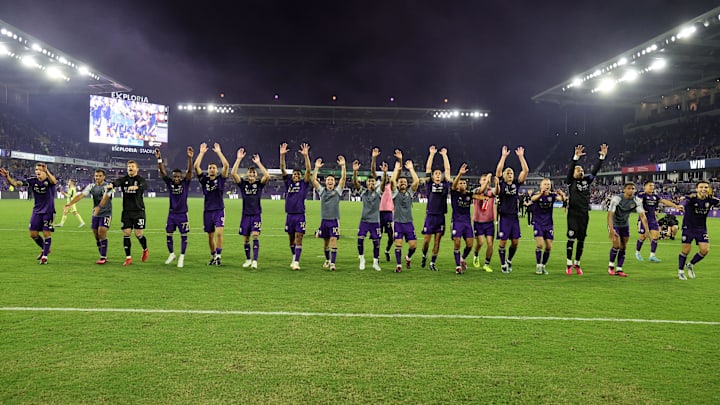 Feb 25, 2023; Orlando, Florida, USA; Orlando City SC players react toward the fans after the second