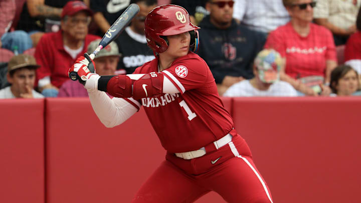 Oklahoma catcher Kendall Wells awaits a pitch in a contest against Kentucky earlier this season. Sunday, Wells tied the program record for home runs in a season with her 34th home run.