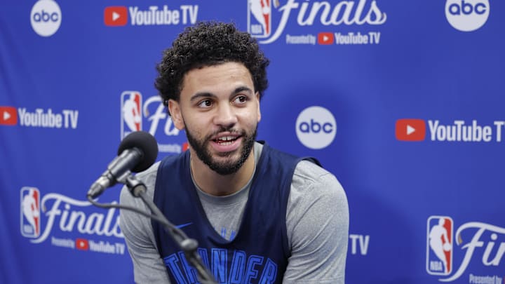 Jun 4, 2025; Oklahoma City, OK, USA; Oklahoma City Thunder guard Ajay Mitchell (25) during NBA Finals Media Day at Paycom Center. Mandatory Credit: Alonzo Adams-Imagn Images Jun 4, 2025; Oklahoma City, OK, USA; Oklahoma City Thunder guard Ajay Mitchell (25) during NBA Finals Media Day at Paycom Center. Mandatory Credit: Alonzo Adams-Imagn Images
