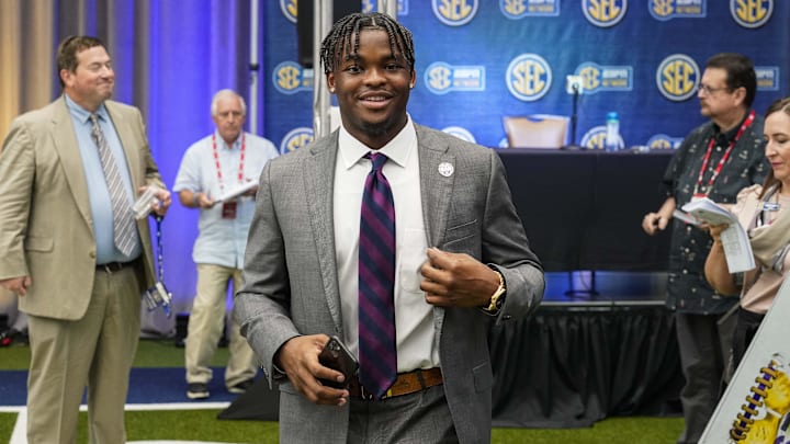 Jul 18, 2022; Atlanta, GA, USA; LSU Tigers player Mike Jones is shown during SEC Media Days at the College Football Hall of Fame. Mandatory Credit: Dale Zanine-Imagn Images Jul 18, 2022; Atlanta, GA, USA; LSU Tigers player Mike Jones is shown during SEC Media Days at the College Football Hall of Fame. Mandatory Credit: Dale Zanine-Imagn Images