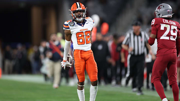 Dec 27, 2024; San Diego, CA, USA; Syracuse Orange wide receiver Darrell Gill Jr. (82) celebrates after catching the ball against Washington State Cougars during the second half at Snapdragon Stadium. Mandatory Credit: Abe Arredondo-Imagn Images Dec 27, 2024; San Diego, CA, USA; Syracuse Orange wide receiver Darrell Gill Jr. (82) celebrates after catching the ball against Washington State Cougars during the second half at Snapdragon Stadium. Mandatory Credit: Abe Arredondo-Imagn Images