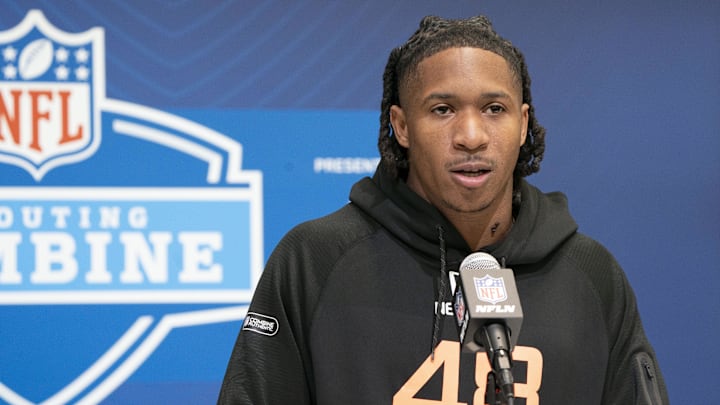 Feb 28, 2025; Indianapolis, IN, USA; Washington State wideout Kyle Williams (WO48) talks to the press during the 2025 NFL Combine at Indiana Convention Center. Mandatory Credit: Stephanie Amador Blondet-Imagn Images Feb 28, 2025; Indianapolis, IN, USA; Washington State wideout Kyle Williams (WO48) talks to the press during the 2025 NFL Combine at Indiana Convention Center. Mandatory Credit: Stephanie Amador Blondet-Imagn Images