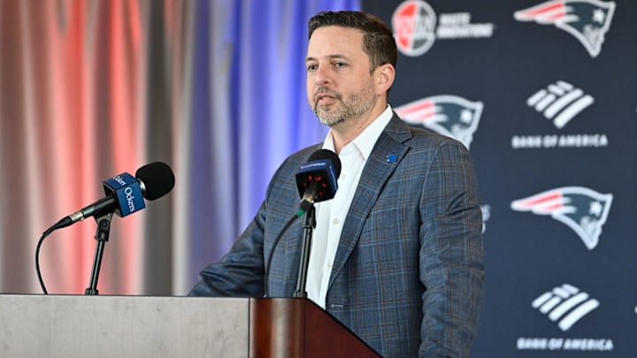 Mar 13, 2025; Foxborough, MA, USA; New England Patriots executive vice president of player personnel Eliot Wolf  discusses the teamís recent free agent additions with the media at Gillette Stadium. Mandatory Credit: Eric Canha-Imagn Images