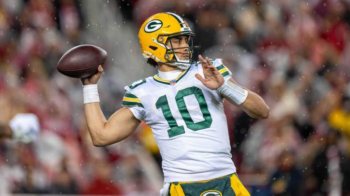 January 20, 2024; Santa Clara, CA, USA; Green Bay Packers quarterback Jordan Love (10) during the second quarter in a 2024 NFC divisional round game against the San Francisco 49ers at Levi's Stadium. Mandatory Credit: Kyle Terada-USA TODAY Sports