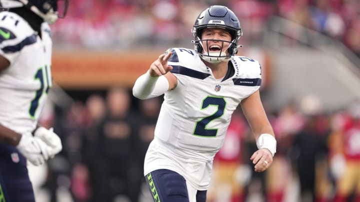 Dec 10, 2023; Santa Clara, California, USA; Seattle Seahawks quarterback Drew Lock (2) yells after throwing a touchdown pass against the San Francisco 49ers during the third quarter at Levi's Stadium. Dec 10, 2023; Santa Clara, California, USA; Seattle Seahawks quarterback Drew Lock (2) yells after throwing a touchdown pass against the San Francisco 49ers during the third quarter at Levi's Stadium.