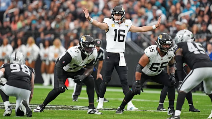 Nov 2, 2025; Paradise, Nevada, USA; Jacksonville Jaguars quarterback Trevor Lawrence (16) makes a call during the first half against the Las Vegas Raiders at Allegiant Stadium. Mandatory Credit: Kirby Lee-Imagn Images