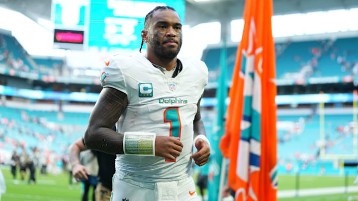 Miami Dolphins quarterback Tua Tagovailoa leaves the field following a game against the New Orleans Saints at Hard Rock Stadium last season.