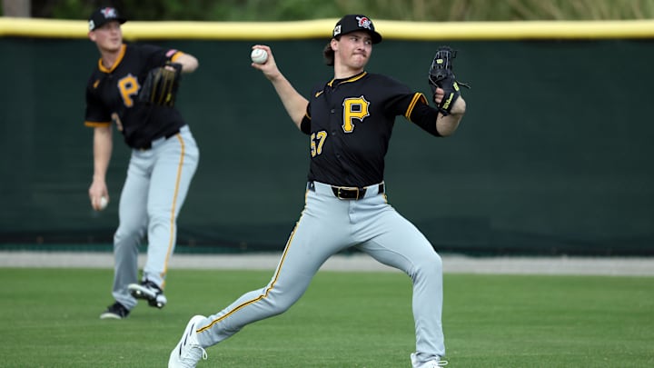 Feb 12, 2025; Bradenton, FL, USA;  Pittsburgh Pirates pitcher Bubba Chandler and pitcher Mitch Keller (23) during spring training works out at Pirate City. Mandatory Credit: Kim Klement Neitzel-Imagn Images