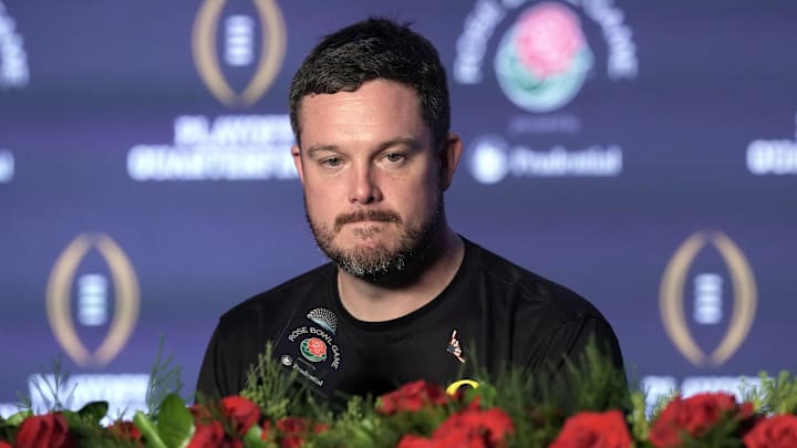 Jan 1, 2025; Pasadena, CA, USA;  Oregon Ducks head coach Dan Lanning speaks in a press conference after the game against the Ohio State Buckeyes in the 2025 Rose Bowl college football quarterfinal game at Rose Bowl Stadium. Mandatory Credit: Kirby Lee-Imagn Images