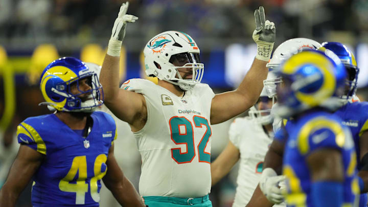 Miami Dolphins defensive tackle Zach Sieler (92) celebrates in the second half against the Los Angeles Rams at SoFi Stadium during the 2024 season.