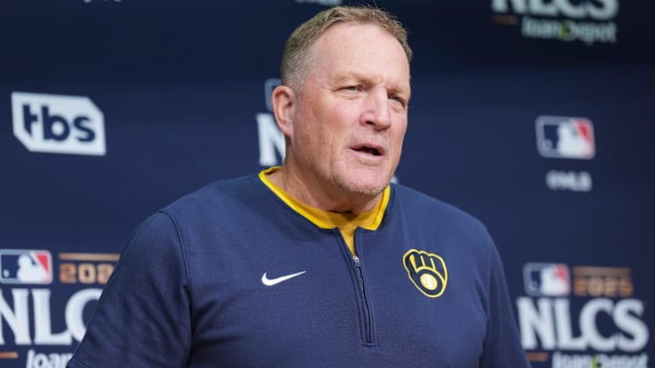 Oct 16, 2025; Los Angeles, California, USA; Milwaukee Brewers manager Pat Murphy (49) speaks in a press conference before game three against the Los Angeles Dodgers in the NLCS round for the 2025 MLB playoffs at Dodger Stadium. Mandatory Credit: Kirby Lee-Imagn Images