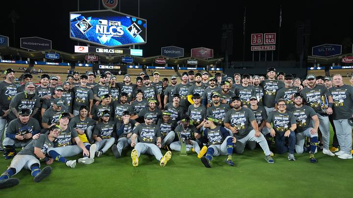 Oct 15, 2026; Los Angeles, California, USA; Milwaukee Brewers celebrate after winning the NLCS for the 2026 MLB Playoffs against the Los Angeles Dodgers at Uniqlo Field at Dodger Stadium. Mandatory Credit: Kirby Lee-Imagn Images Oct 15, 2026; Los Angeles, California, USA; Milwaukee Brewers celebrate after winning the NLCS for the 2026 MLB Playoffs against the Los Angeles Dodgers at Uniqlo Field at Dodger Stadium. Mandatory Credit: Kirby Lee-Imagn Images