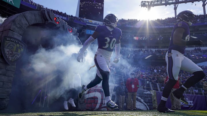 Nov 12, 2023; Baltimore, Maryland, USA;  Baltimore Ravens linebacker Trenton Simpson (30) takes the field before a game against the Cleveland Browns at M&T Bank Stadium. Mandatory Credit: Jessica Rapfogel-USA TODAY Sports