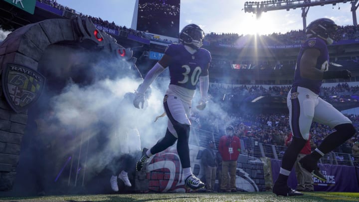 Nov 12, 2023; Baltimore, Maryland, USA;  Baltimore Ravens linebacker Trenton Simpson (30) takes the field before a game against the Cleveland Browns at M&T Bank Stadium. Mandatory Credit: Jessica Rapfogel-USA TODAY Sports