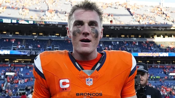 Denver Broncos quarterback Bo Nix (10) celebrates after the win against the New York Giants at Empower Field at Mile High.