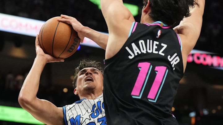 Mar 14, 2026; Miami, Florida, USA;  Orlando Magic forward Tristan da Silva (23) takes a shot over Miami Heat forward Jaime Jaquez Jr. (11) during the first half at Kaseya Center. Mandatory Credit: Jim Rassol-Imagn Images