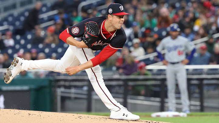Apr 7, 2025; Washington, District of Columbia, USA; Washington Nationals pitcher MacKenzie Gore (1) pitches against the Los Angeles Dodgers during the first inning at Nationals Park. Apr 7, 2025; Washington, District of Columbia, USA; Washington Nationals pitcher MacKenzie Gore (1) pitches against the Los Angeles Dodgers during the first inning at Nationals Park.