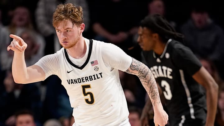 Vanderbilt guard Tyler Nickel (5) celebrates 3 points against Mississippi State during the first half at Memorial Gymnasium in Nashville, Tenn., Tuesday, Jan. 7, 2025.